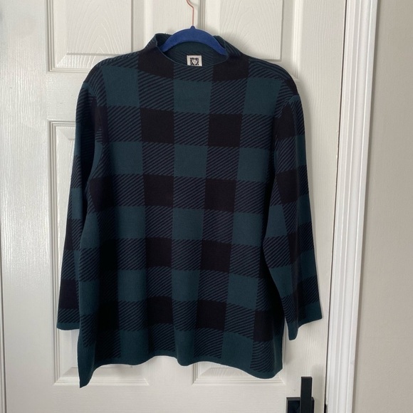 Anne Klein Buffalo Plaid Sweater Mock Neck Green Black Knit Top Size L - Picture 3 of 7